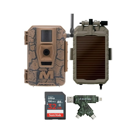 Muddy Mitigator Cellular 24MP Imaging Trail Camera with 80 Feet Detection and Flash Range Bundle with Solar Power Panel 32GB Memory Card and USB 2.0 Card Reader (4 Items)