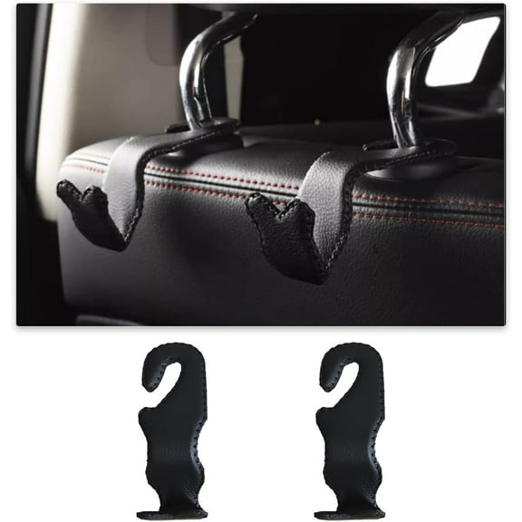 Car Seat Headrest Hooks 2 Pcs, Leather Durable Auto Backseat Hangers Storage Organizer, Universal Vehicle Interior Holder Accessories for Purse Grocery Bags Coats Umbrellas (Black)