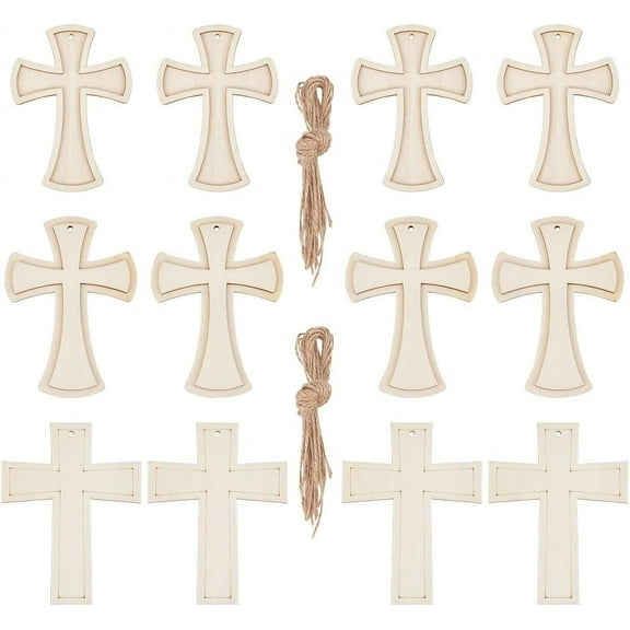 15Pcs 3 Styles Unfinished Wood Cross Pendants with Hemp Rope Religion Theme Wheat 127x92~97x2.5~5mm Hole: 3.5mm 5pcs/style