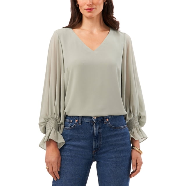 Vince Camuto Womens Solid V-Neck Shell Blouse, ltpasgrn, L