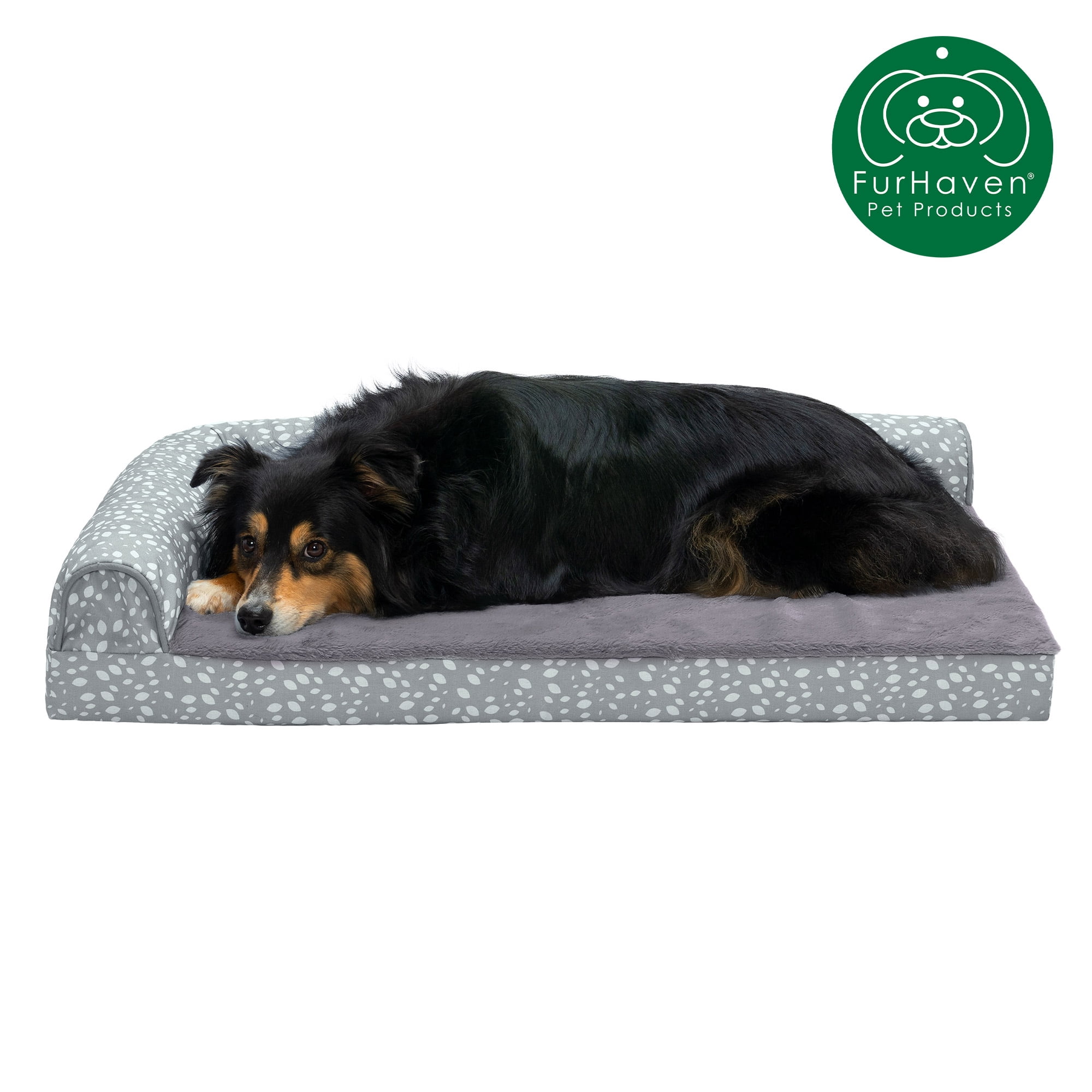 FurHaven Pet Products Plush Faux Fur & Almond Print Orthopedic Deluxe L-Chaise Sofa Pet Bed for Dogs & Cats - Gray Almonds, Large