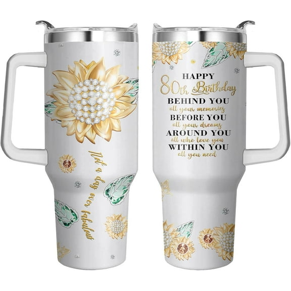 80th Birthday Cups with Handle & Straw, 40 Oz Stainless Steel 80 Th Birthday Mug Mothers Day Gifts for 80 Year Old Women, 80th Birthday Gifts for Women, 80 Year Old Birthday Gift for Woman