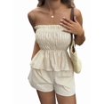 thumbnail image 2 of Women'S 2 Piece Striped Shirred Ruffle Strapless Bandeau Tops and Shorts Set Khaki XL, 2 of 8