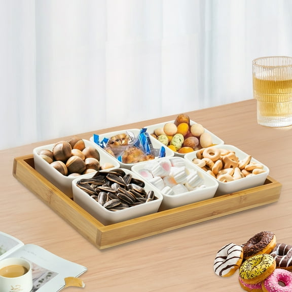Removable Compartment Bowls Moisture-Proof Bowls for Snacks Ceramic Snack Serving Tray, 6 Piece with Tray Serving Platter with Bamboo Lids and Pallets