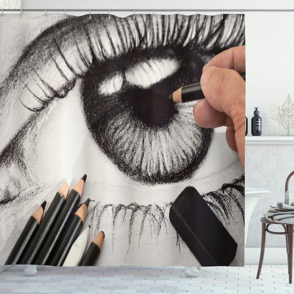 Charcoal Shower Curtain, Hand Making Sketch of Eye with Color Pencils, Fabric Bathroom Set with Hooks, 69W X 75L Inches Long, Pale Tan Charcoal Grey, by Ambesonne
