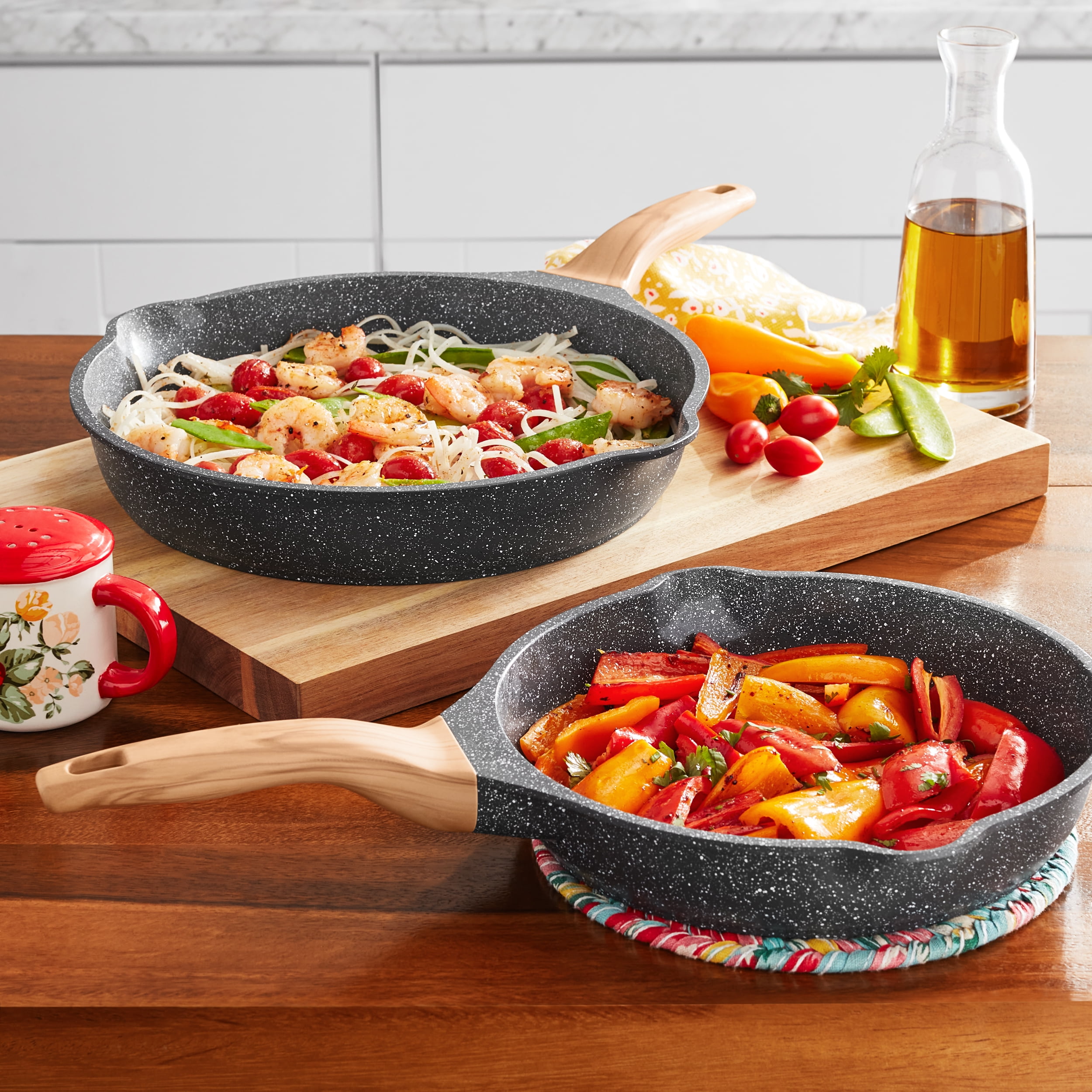 The Pioneer Woman Prairie Signature 2-Piece Cast Aluminum 10" & 12" Fry Pan Set, Charcoal Speckle