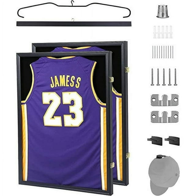 Jersey Frame Display Case, Large Shadow Box, Sports Jersey Display Case with 98% UV Protection, Hangers and Hookers, Valet Pinboard, Acrylic, Football, Basketball (Set of 2)