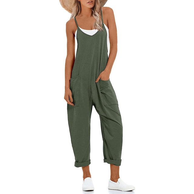 Women's V Neck Sleeveless Jumpsuits Spaghetti Straps Harem Long Pants Overalls With Pockets