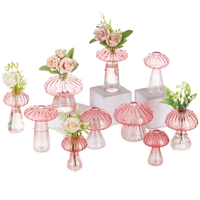 Juego de 10 setas de vidrio rosa Vase Glasseam para centros de mesa