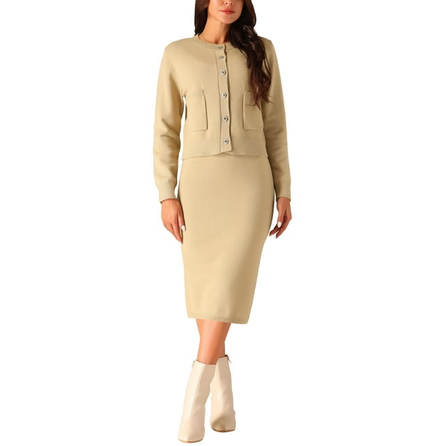 INSPIRAR CHIC Conjuntos de Dos Piezas para Mujeres, Sets de Suéter, Cárdigan con Botones y Faldas Midi, Conjunto Casual de Lounge XL Caqui