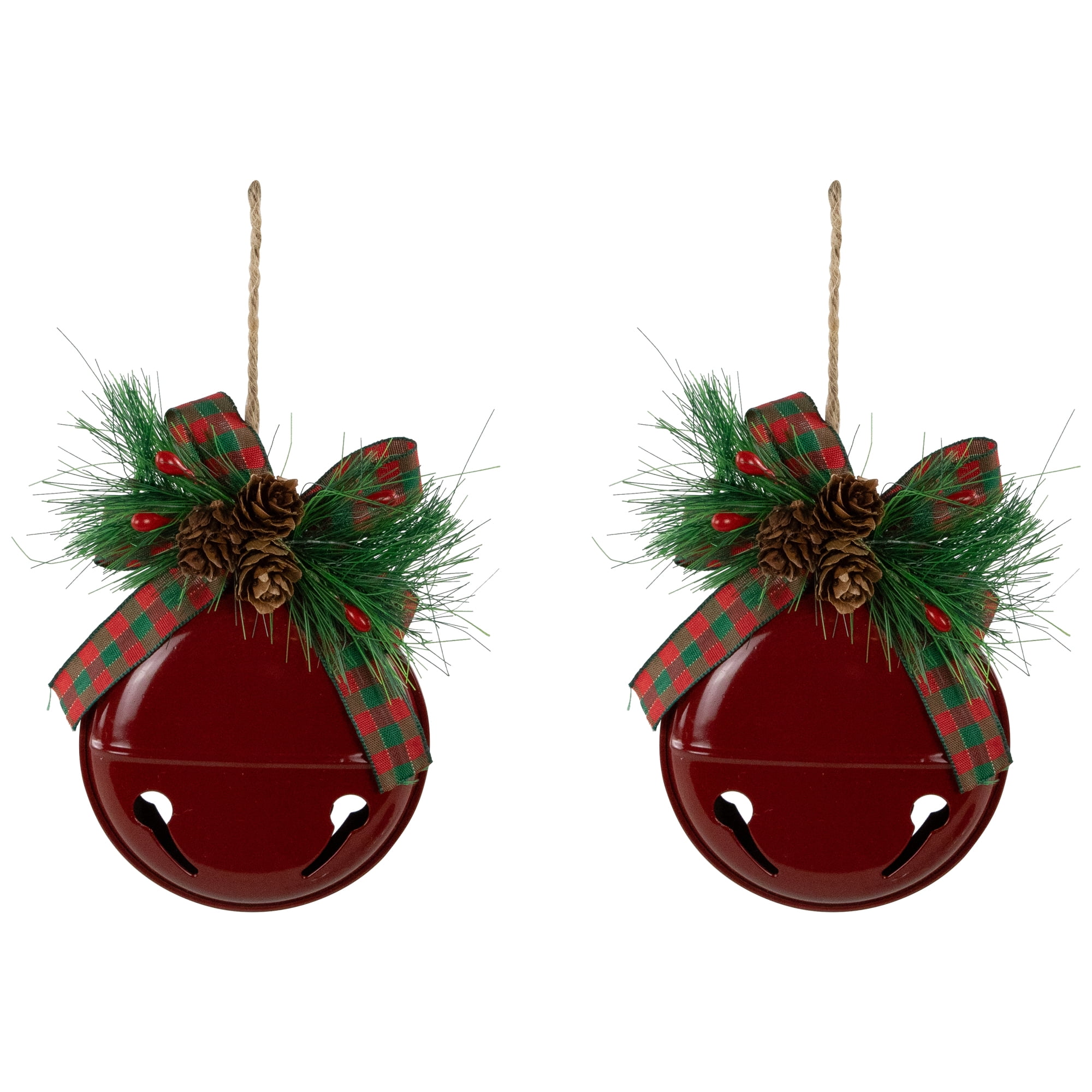 Northlight Jingle Bells with Pinecone Bows Disc Christmas Ornaments - 5" - Red - Set of 2