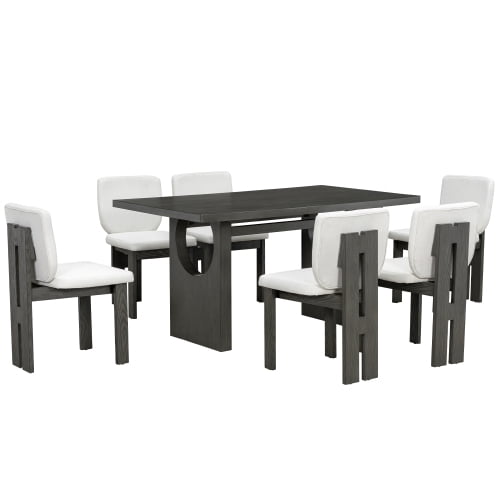 Harper & Bright Designs 7 Pieces Retro Dining Set for 6, Wood Rectangular Table with Designed Trestle Base and 6 Upholstered Chairs for Dining Room and Kitchen, Grey