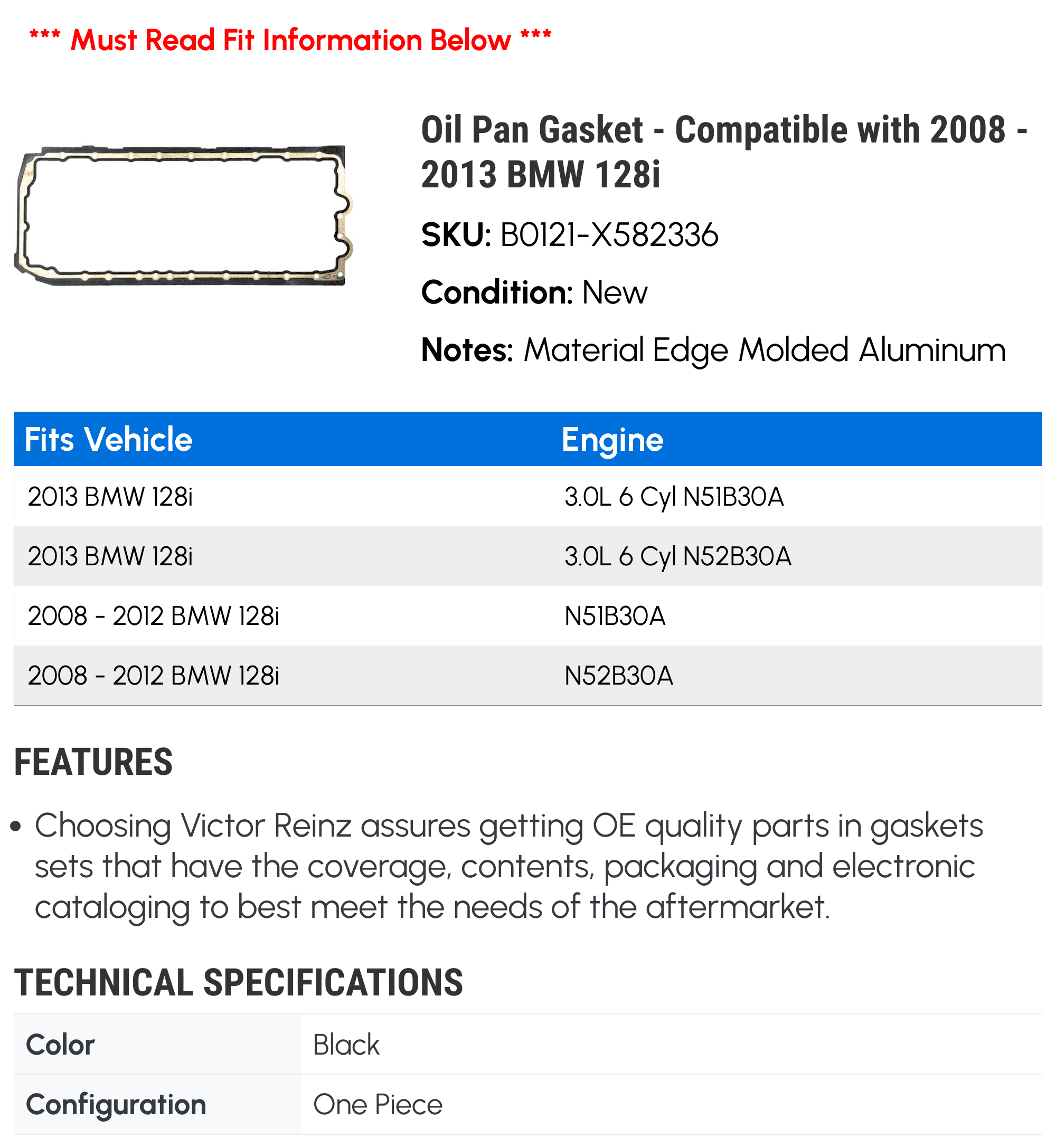 Oil Pan Gasket - Compatible with 2008 - 2013 BMW 128i 2009 2010 2011 2012