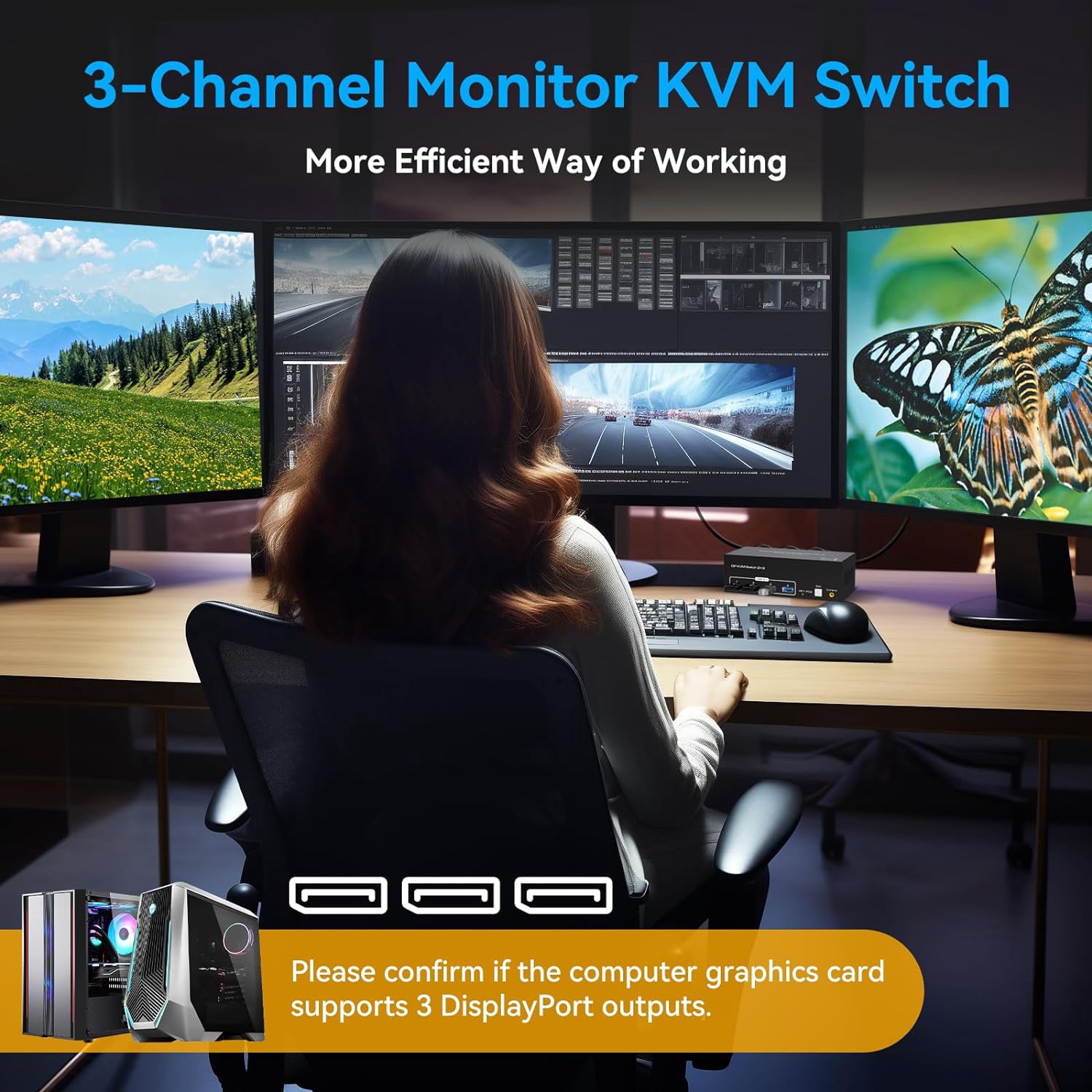 8K KVM Switch 3 Monitors 2 Computers Displayport 4K@120Hz USB 3.0 KVM Switches DP 1.4 Monitor Switch for 2 Computers with 4 USB Ports Support Extended & Copy Mode
