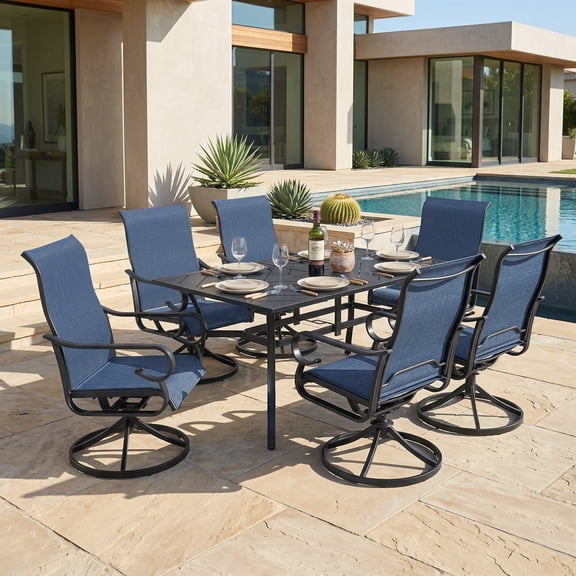 Nuu Garden 7-Piece Outdoor Dining Set, Outdoor Table and Chair Set with Umbrella Hole, Breathable Textilene Dining Table Set, All Weather Outdoor Table and Chairs for 6, Swivel Design, Blue