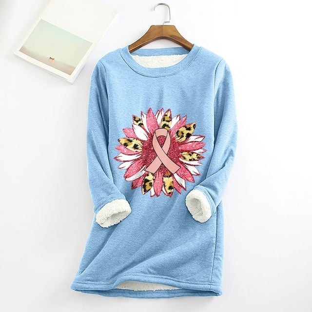 Jsaierl Chemises Cancer du Sein pour Femmes Hiver Doublé Polaire Chandail Grande Taille Col Rond Manches Longues Raglan Blouses Chaudes Chemises de Sensibilisation