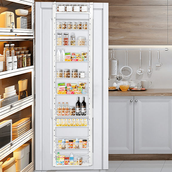 Over The Door Pantry Organizer, 10-Tier Pantry Organizers and Storage with Adjustable Baskets, 10 2 Metal Hanging Spice Rack for Home & Kitchen Essentials, Laundry Room Bathroom Organization, White