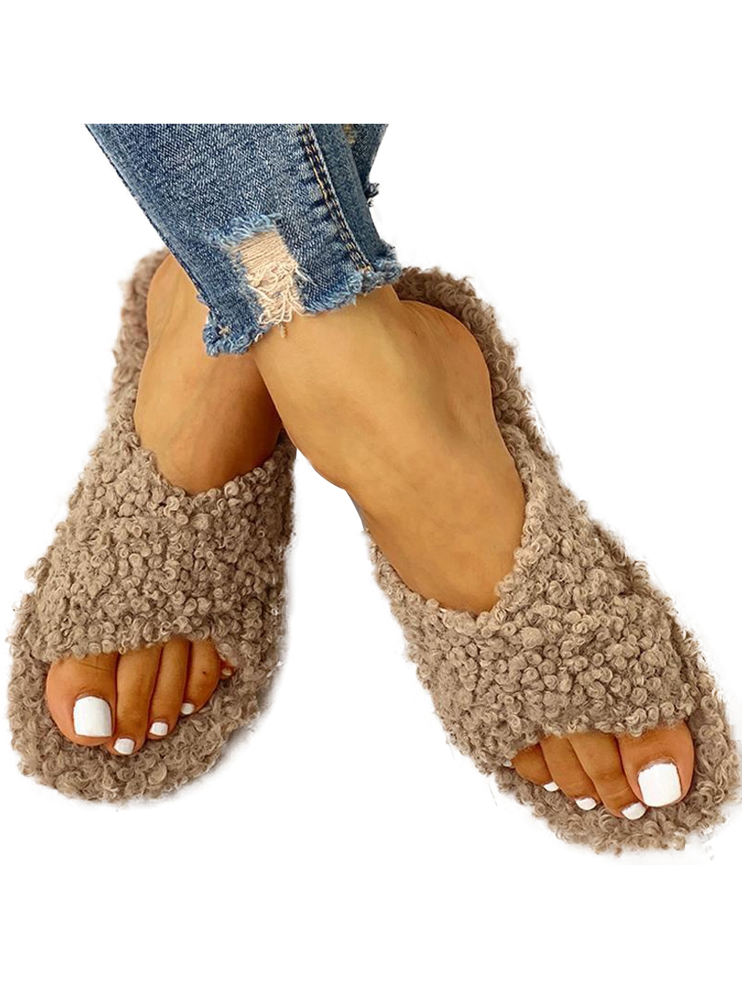 solid fluffy crisscross design flat sandals