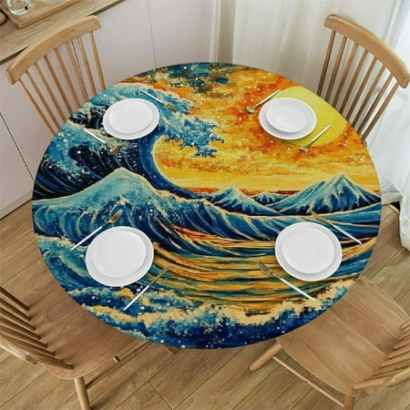 

FUMJ Waves Sun Stars Round Table Cover 100% Polyester Fiber 54 -58
