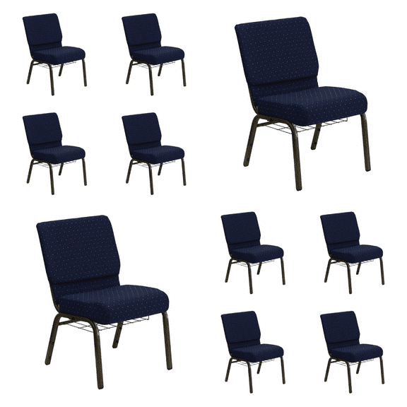 (10 PACK) 21'' Wide Blue Dot Patterned Fabric Church Chair with Book Rack and Gold Vein Frame - Multipurpose Stackable Office Side Chair