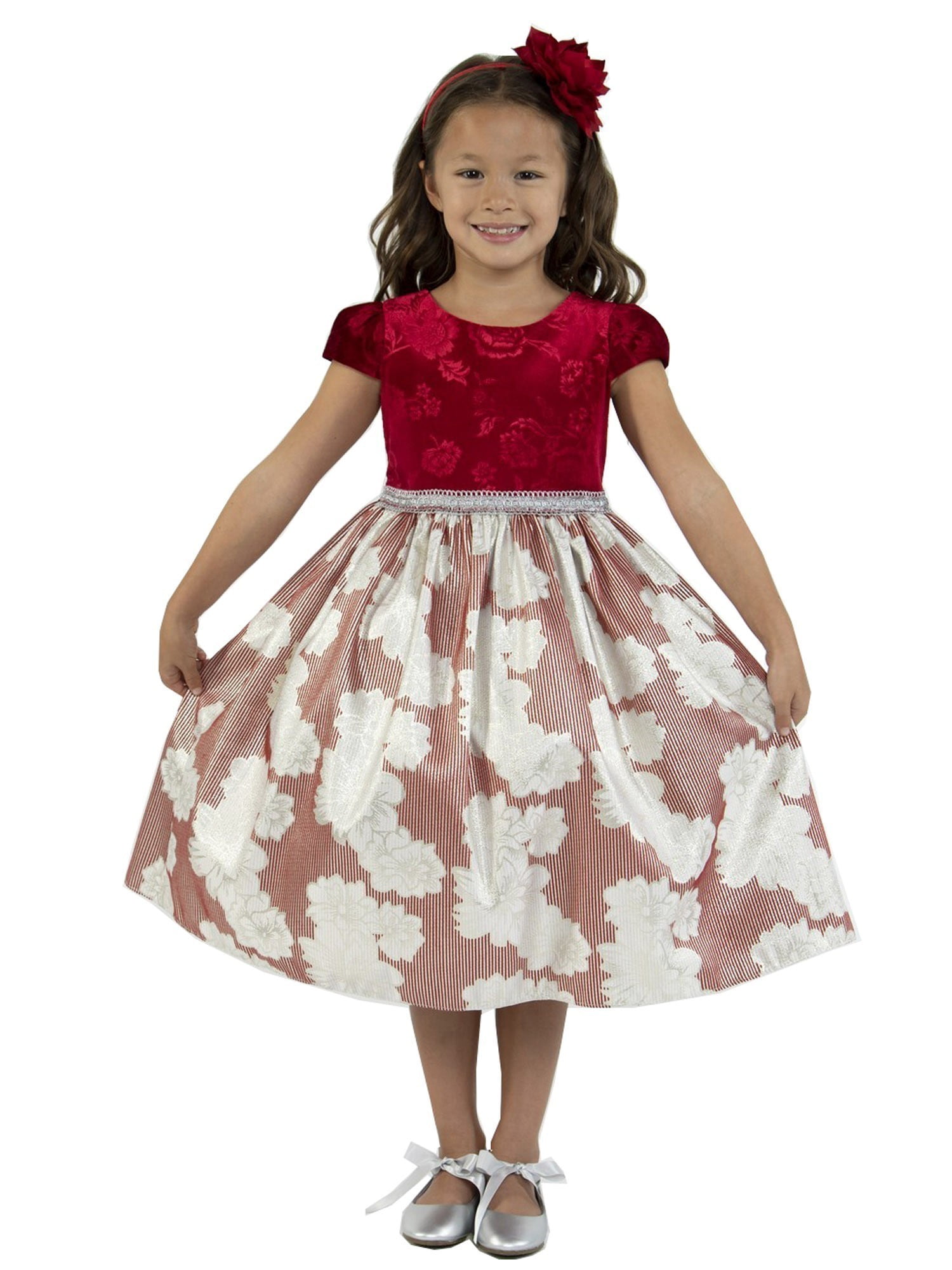 Kids Dream Kids Dream Little Girls Red Velvet Metallic Print Jacquard