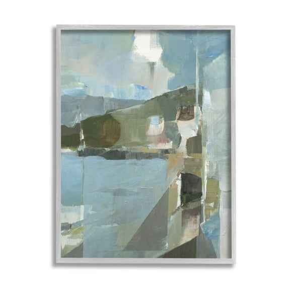 Stupell Industries Abstract Coastal Landscape Linear Shapes Blue Green Design by Stephane Villafane, 16" x 20", Gray Framed
