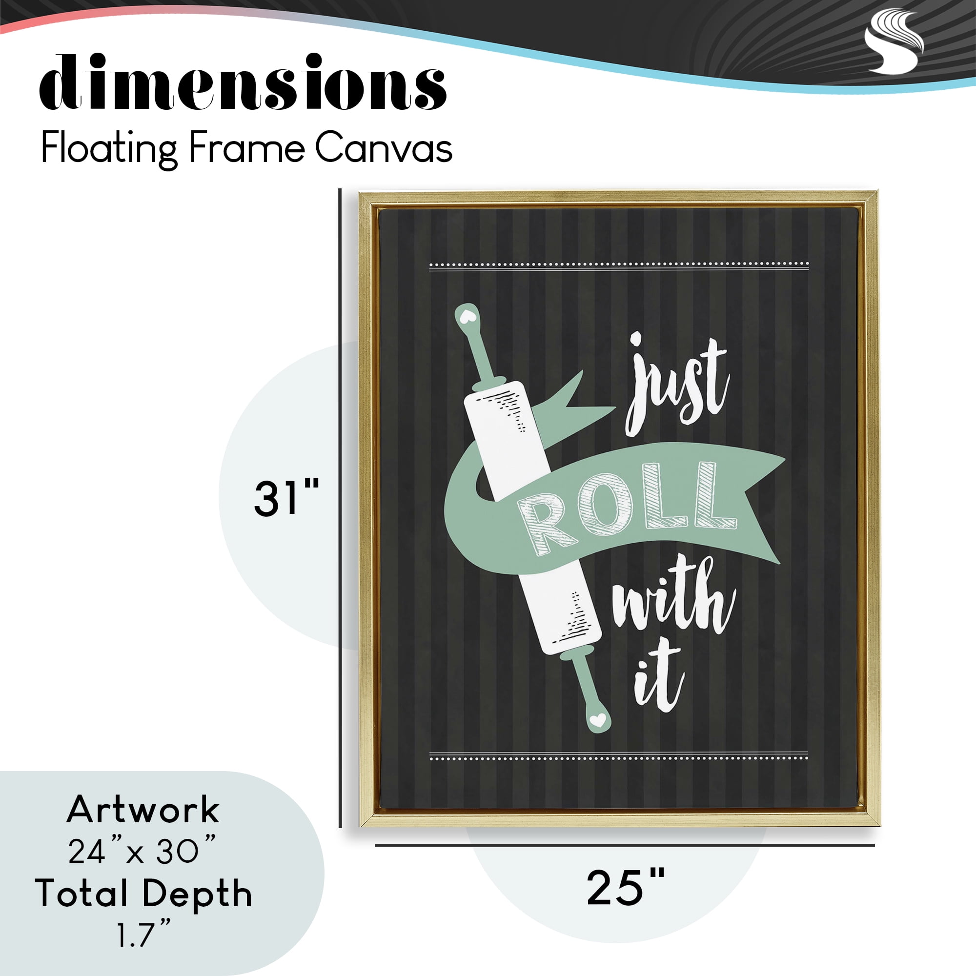 Roll With It Black & Green Gold Framed Floater Canvas Wall Art, design by Lettered and Lined