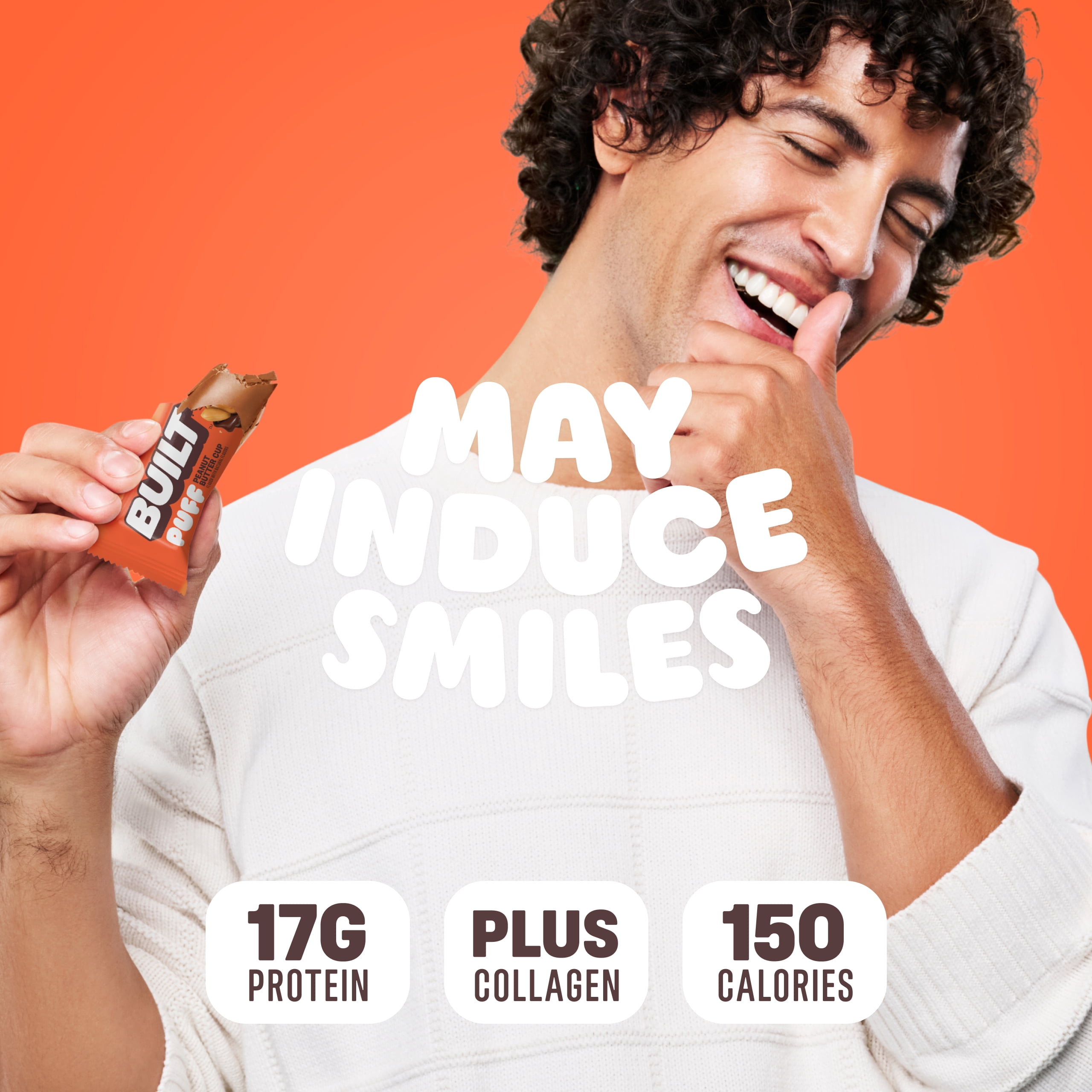 BUILT Puff Protein Bar, Peanut Butter Cup, 17g Protein, Collagen, 150 Calories, 8 Count Box, 1.41 oz Bars