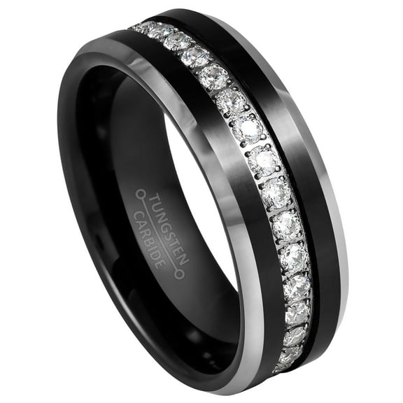 Black IP 8mm Beveled Edge White CZ Eternity Wedding Band Comfort Fit - Mens Tungsten Carbide Ring - #1028s10