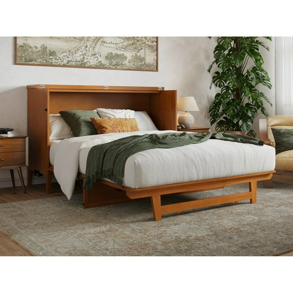 Solid Wood Murphy Bed Chest with Mattress & Charger - Space Saving Bed for Guest Room, Studio Apartment