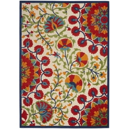 8' Round Red And Ivory Round Floral Indoor Outdoor Area Rug 8' Round Red And Ivory Round Floral Indoor Outdoor Area Rug