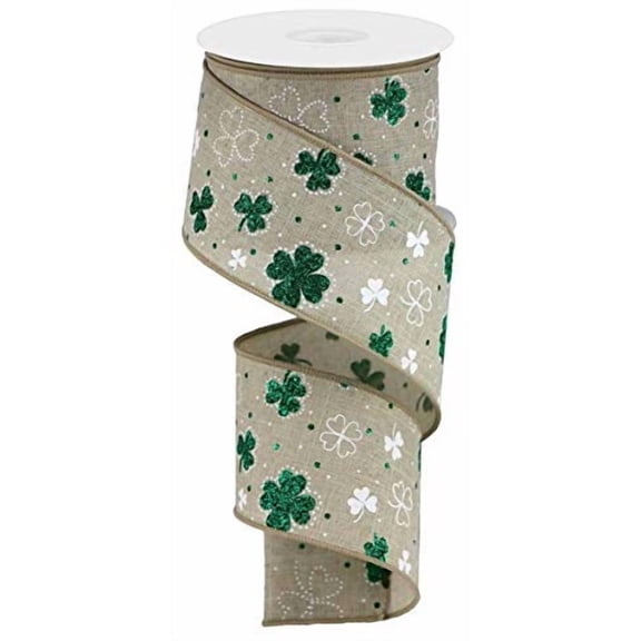 Clover Green Burlap White St Patricks Wired Ribbon (2.5 Inches x 10 Yards)