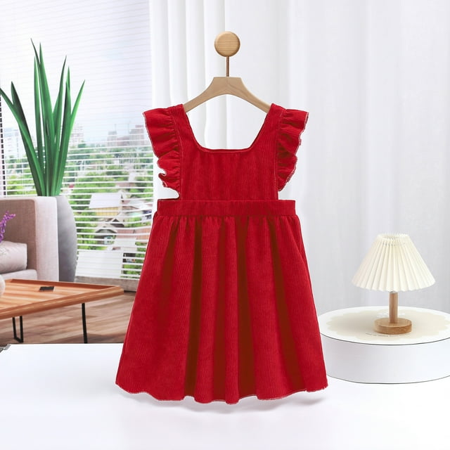 MKOSPLRT Robes d'Été pour Fille Tout-Petit Manches à Volants Col Carré Robe en Velours Côtelé Robe Débardeur Plissée Unie Robe de Fête d'Anniversaire Mignonne