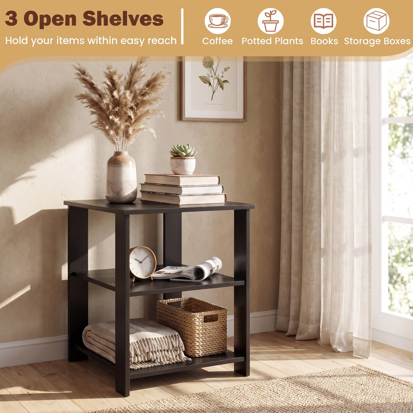 Furnibear 3 Tier Square Nightstands Set of 2 with Open Storage Shelves Bedside Side Tables for Bedroom Living Room, Black