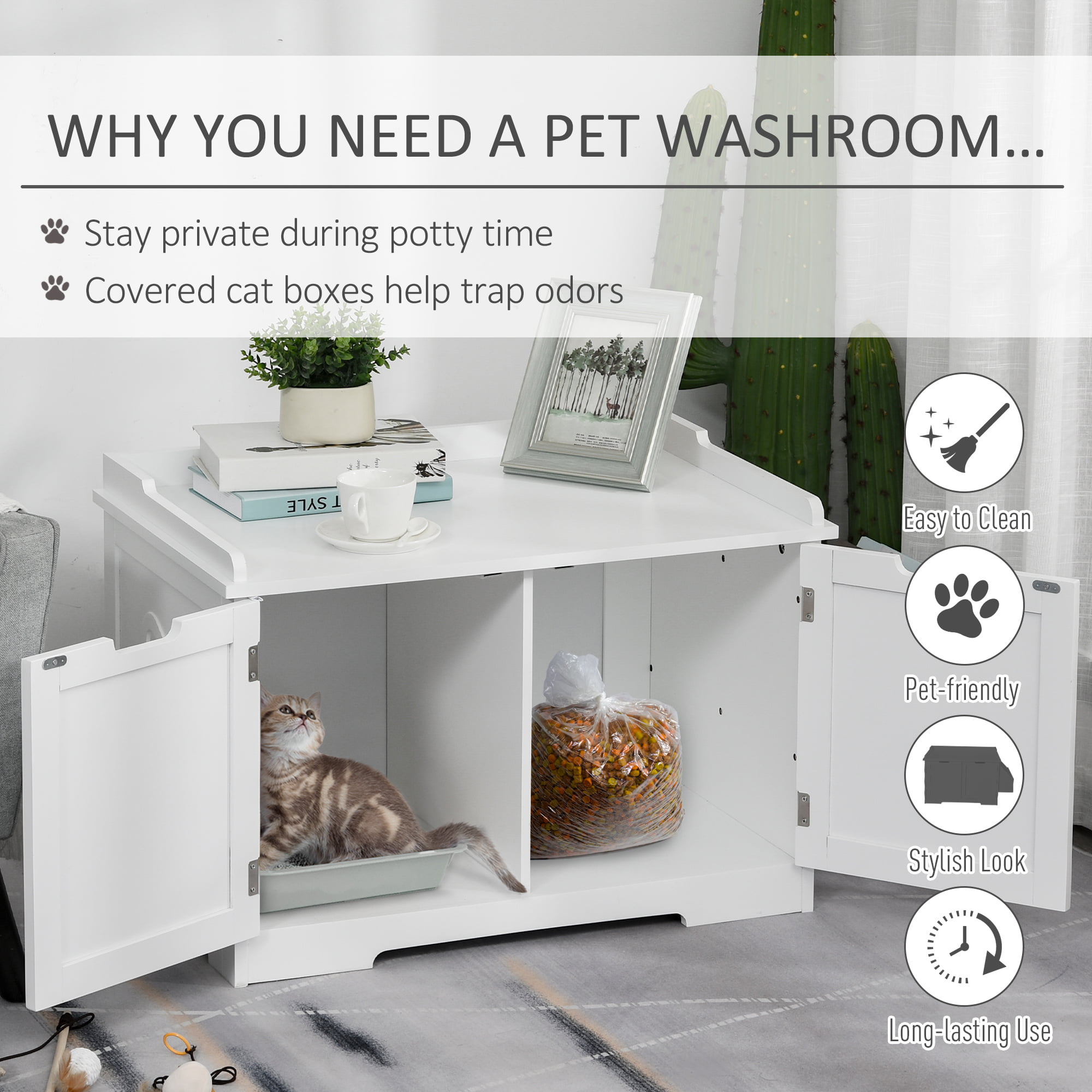 PawHut Wooden Cat Litter Box Enclosure Washroom Pet Decorative Kitten House Nightstand End Table Indoor with 2 Magnetic Door Wide Tabletop White 