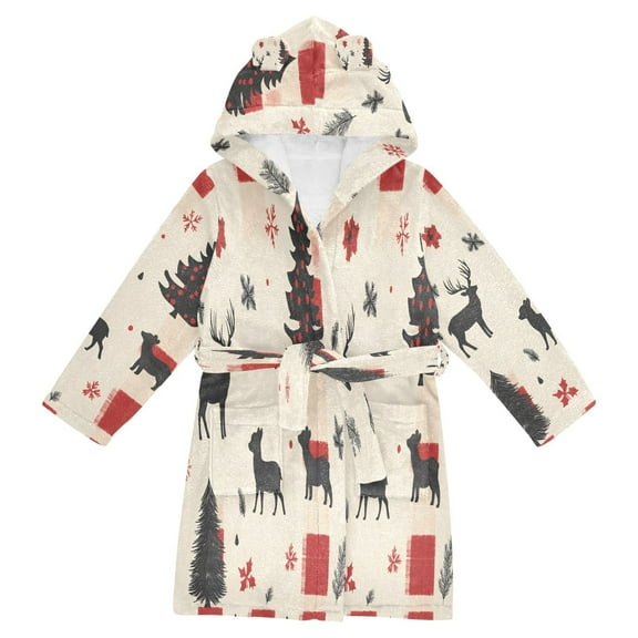 FORMRS Niños Bathrobe Unisex Hooded Robe Soft Plush Pajamas Sleepwear, Size 2-3T, Christmas Forest