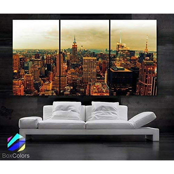 BoxColors - Large 30"x 60" 3 Panels 30"x20" Ea Art Canvas Print Beautiful New York City NY Skyline Wall Home decor(Framed 1.5" Depth)