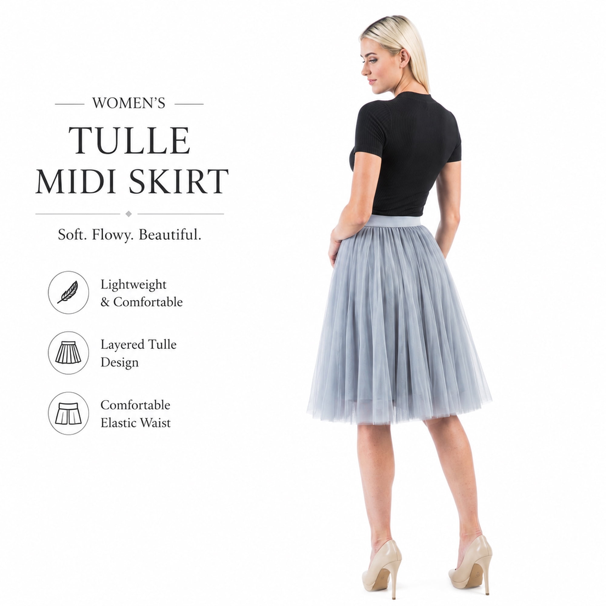 Women’s Gray Tulle Midi Skirt, Layered A-Line Tutu Skirt, One Size Elastic Waist Party Skirt