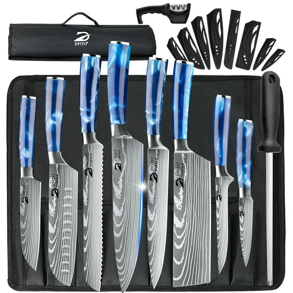 DFITO 10-Piece Kitchen Knife Set, Stainless Steel Professional Cutlery Knife with Knife Sheaths, Ultra Sharp Kitchen Knives with Knife Storage Bag Knife Sharpener, Blue