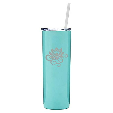 

20 oz Skinny Tall Tumbler Stainless Steel Vacuum Insulated Travel Mug With Straw Lotus Flower Scroll (Light Blue)