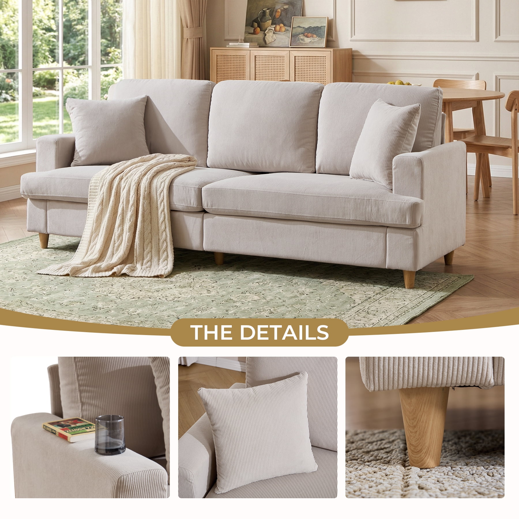 Ebello 87" 3-Seater Corduroy Sofa, Deep Seat with Plush Cushions, 2 Throw Pillows and Thick Backrest Couch for Living Room Bedroom Apartment, Beige