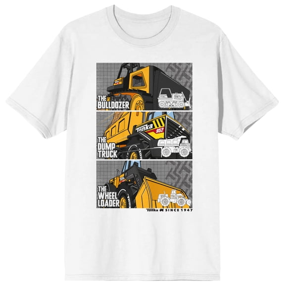 Tonka Bulldozer Dump Truck & Wheel Loader Adult White Crew Neck Short Sleeve T-shirt-Medium