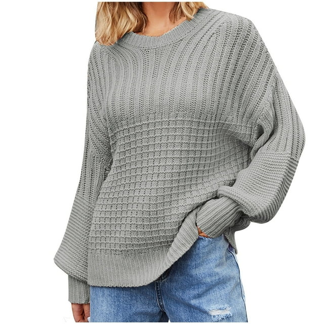 Bowake Womens Casual 2023 Fall Sweaters Long Sleeve Ribbed Knit Sweater Loose Soft Crewneck Pullover Jumper Tops