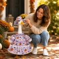 thumbnail image 6 of Fall Porch Goose Pumpkin Outfits,23 Inch Pumpkins Ghost Pattern Decor Dress with Summer Wide-brim Hat for Front Porch Yard Decor,Garden Landscape,Holiday Outdoor Atmosphere Layout,Purple, 6 of 7