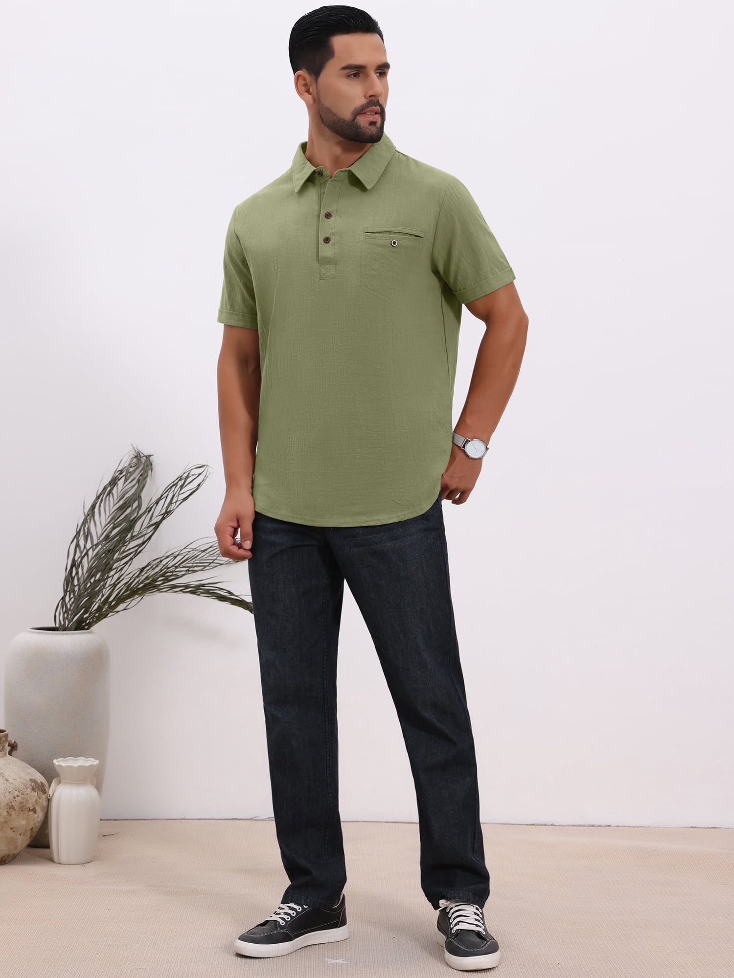 DARING DIVA Men's Linen Chest Pocket Short Sleeve Casual Hawaiian Shirts L Olive Green