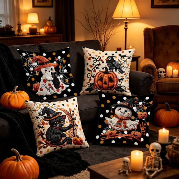 Halloween Pillow Covers 18x18 Imitation Embroidery Linen Throw Pillow Cases, Decorative Couch Pillow Covers for Sofa Bedroom Living Room, Natural Linen Halloween Decor by OVFUIZ