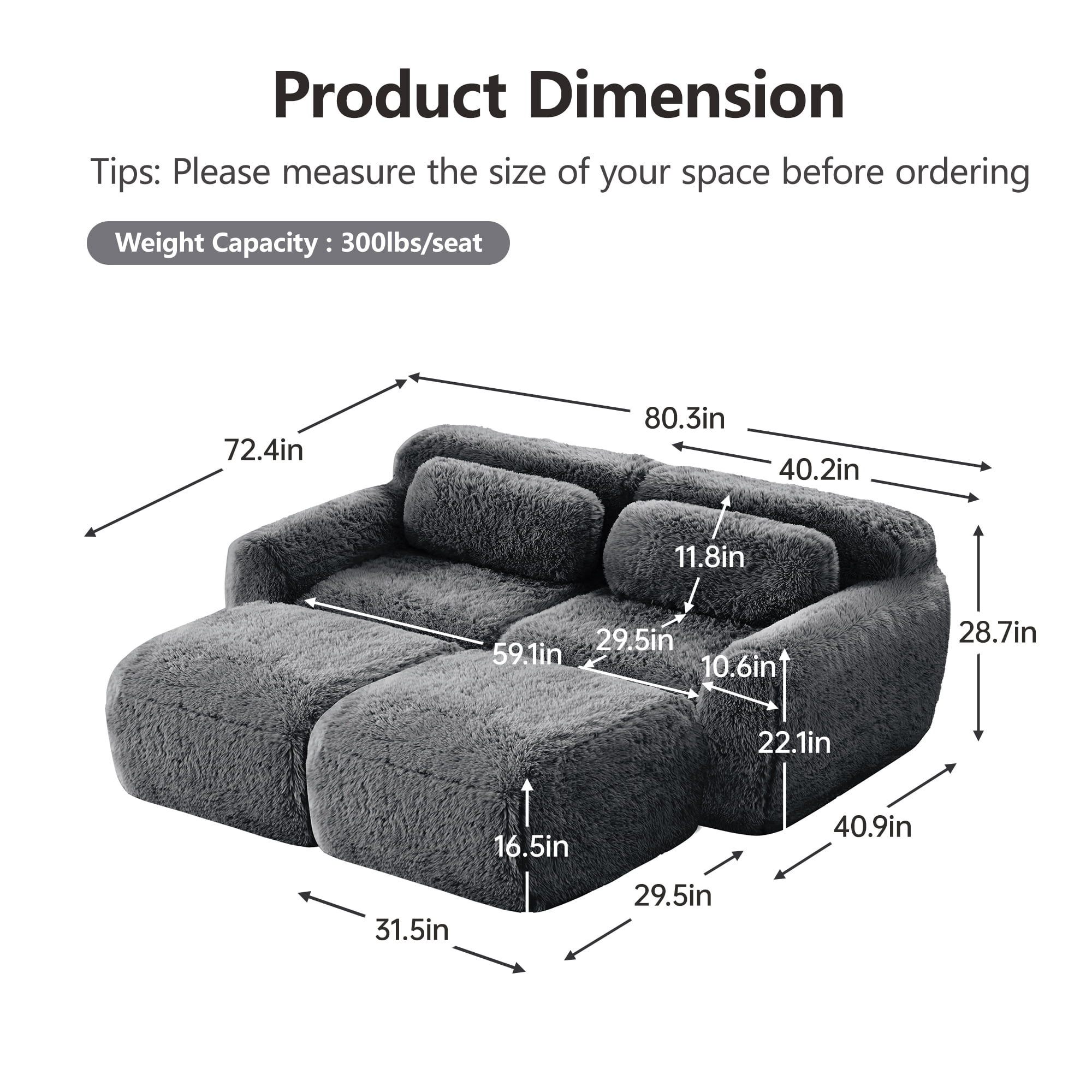 Aukfa 80" Faux Fur Modular Sectional Sofa with 2 Ottomans, Deep Seat Boneless Couch for Living Room, Gray