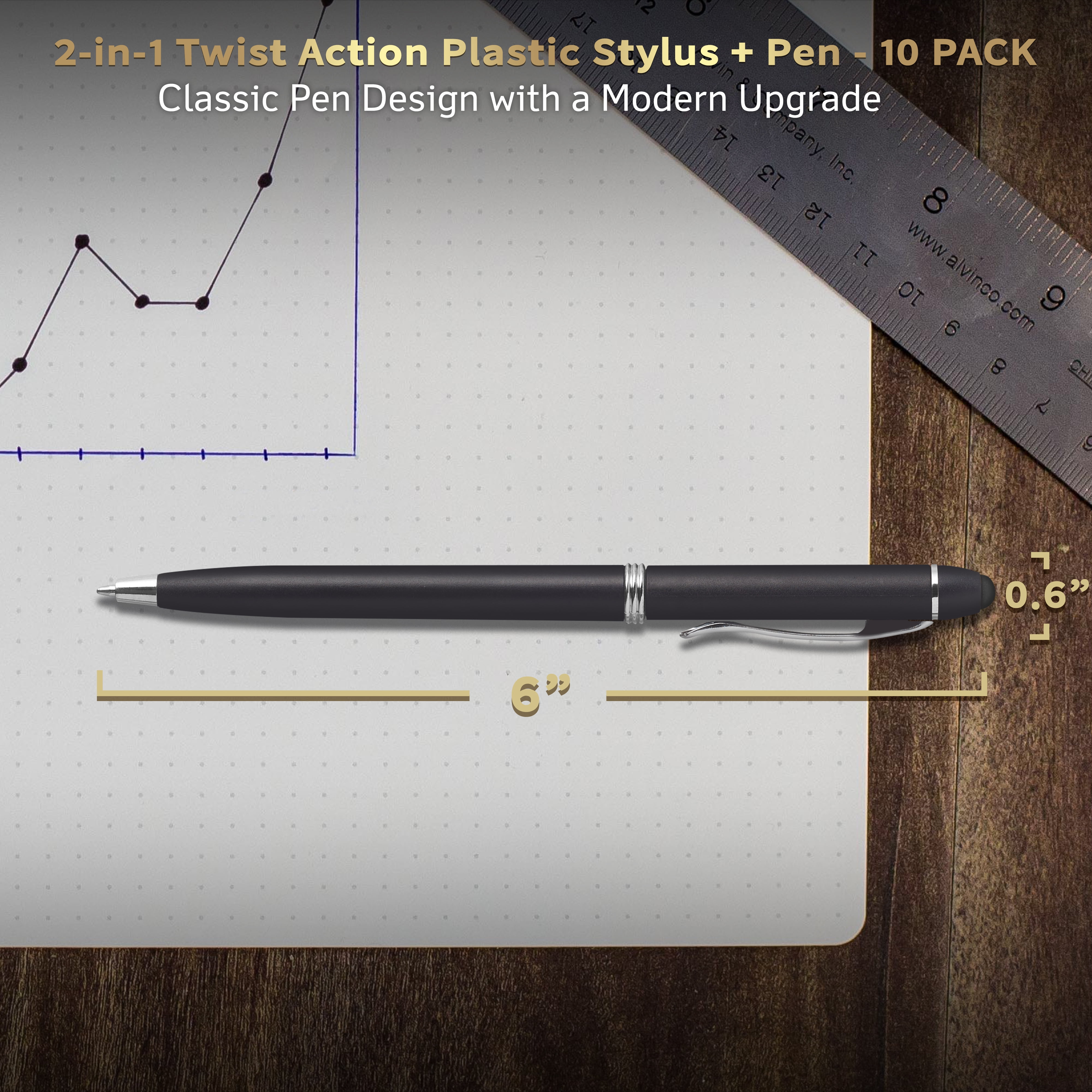10 Twist Action Plastic Stylus Pens Pack - Metallic Barrel, Black Ink - Black