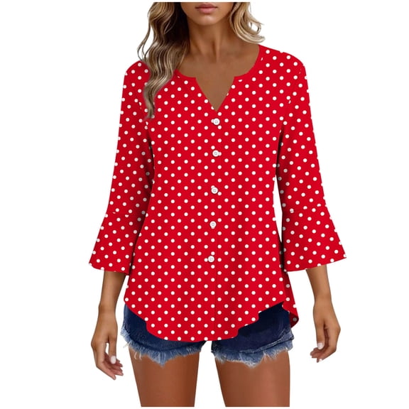 Edvintorg Womens Tops Polka Dot Flare 3/4 Sleeve Loose Top Fashion V Neck Casual Button Down Shirt Women's Clothing Red M