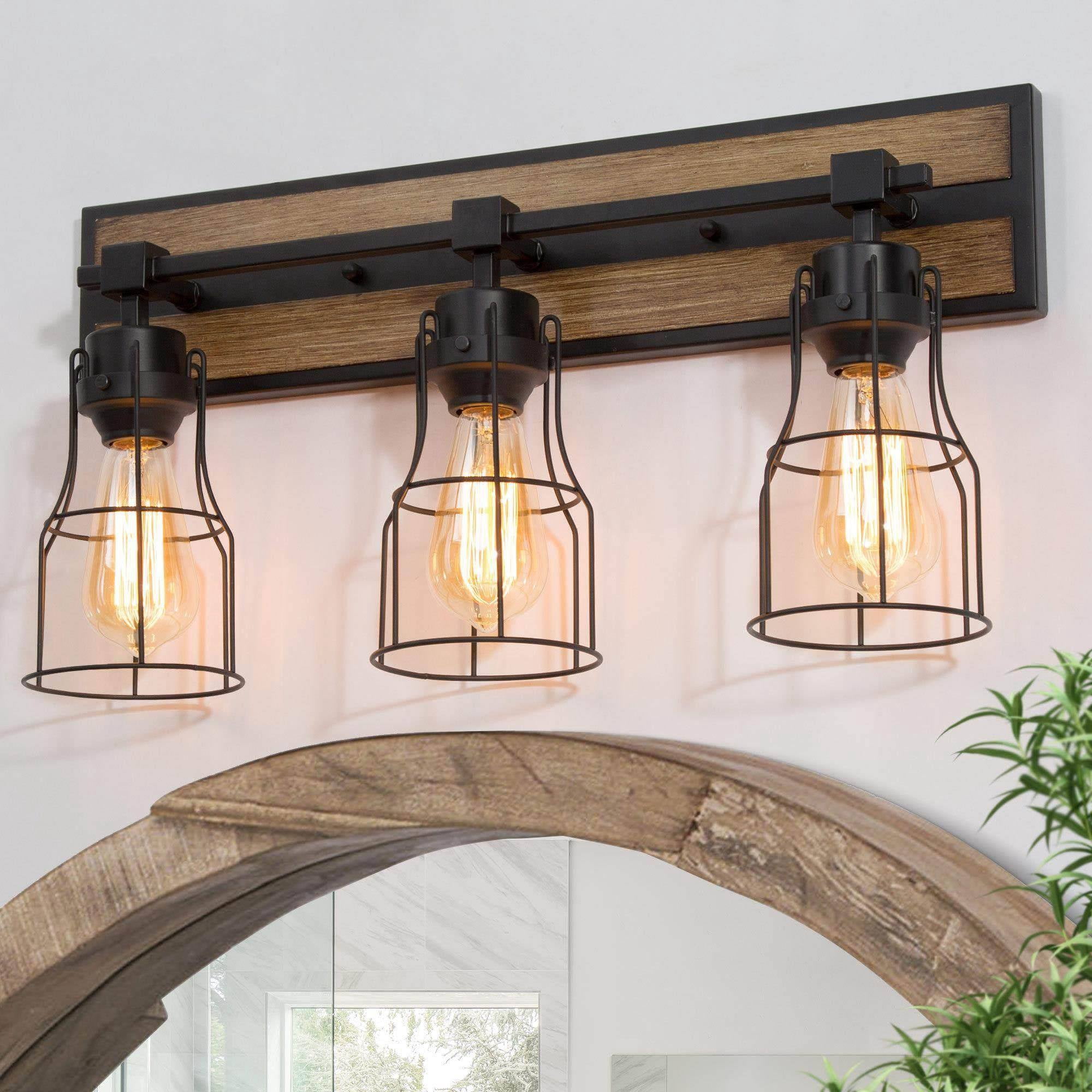 LNC 3-Light Black Geometric Modern Farmhouse Wood Tone Bathroom Vanity Lighting Fixutre